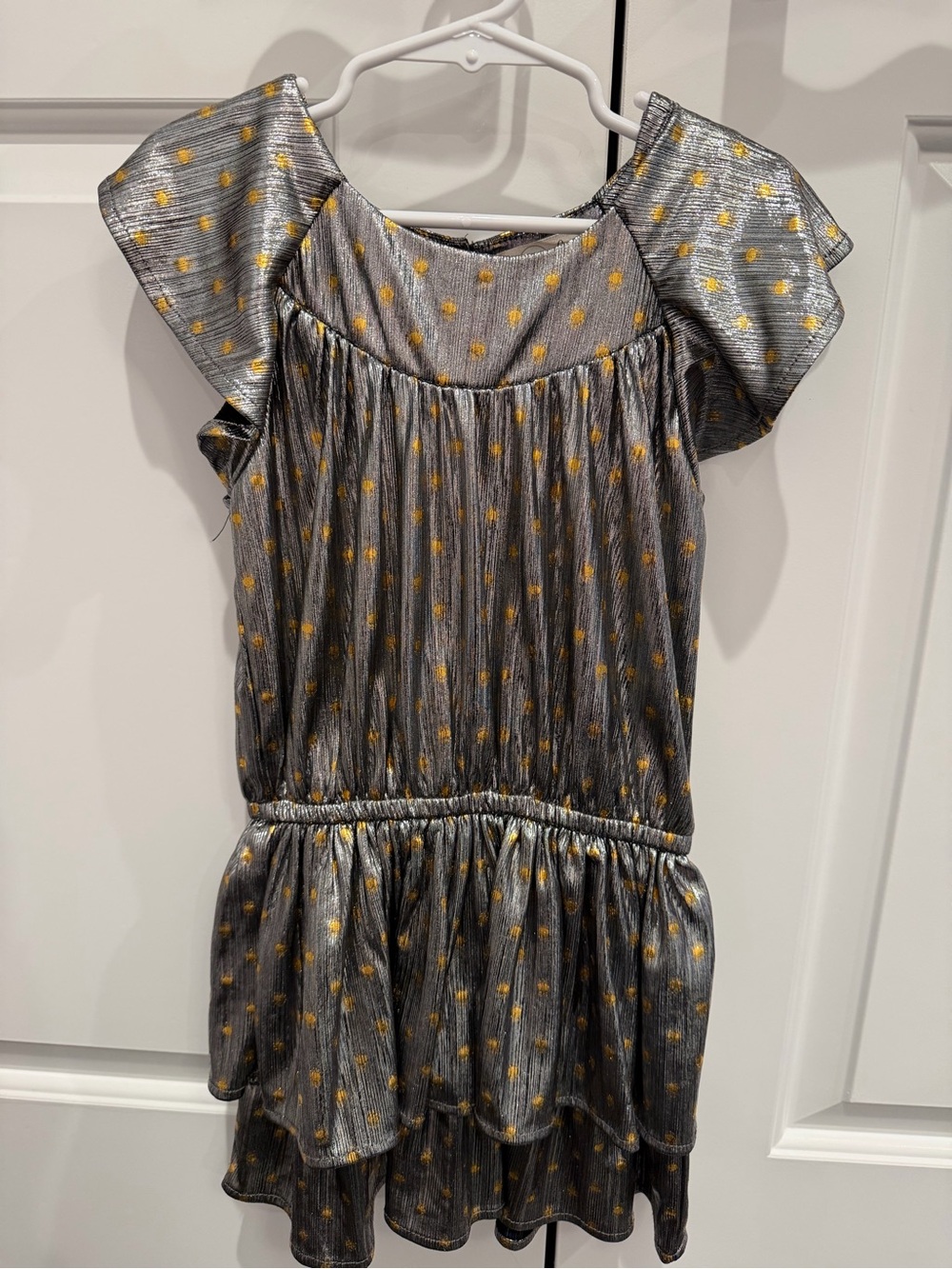 Peek Girls Silver Dress with Gold Dot Detail - size 4/5 like new